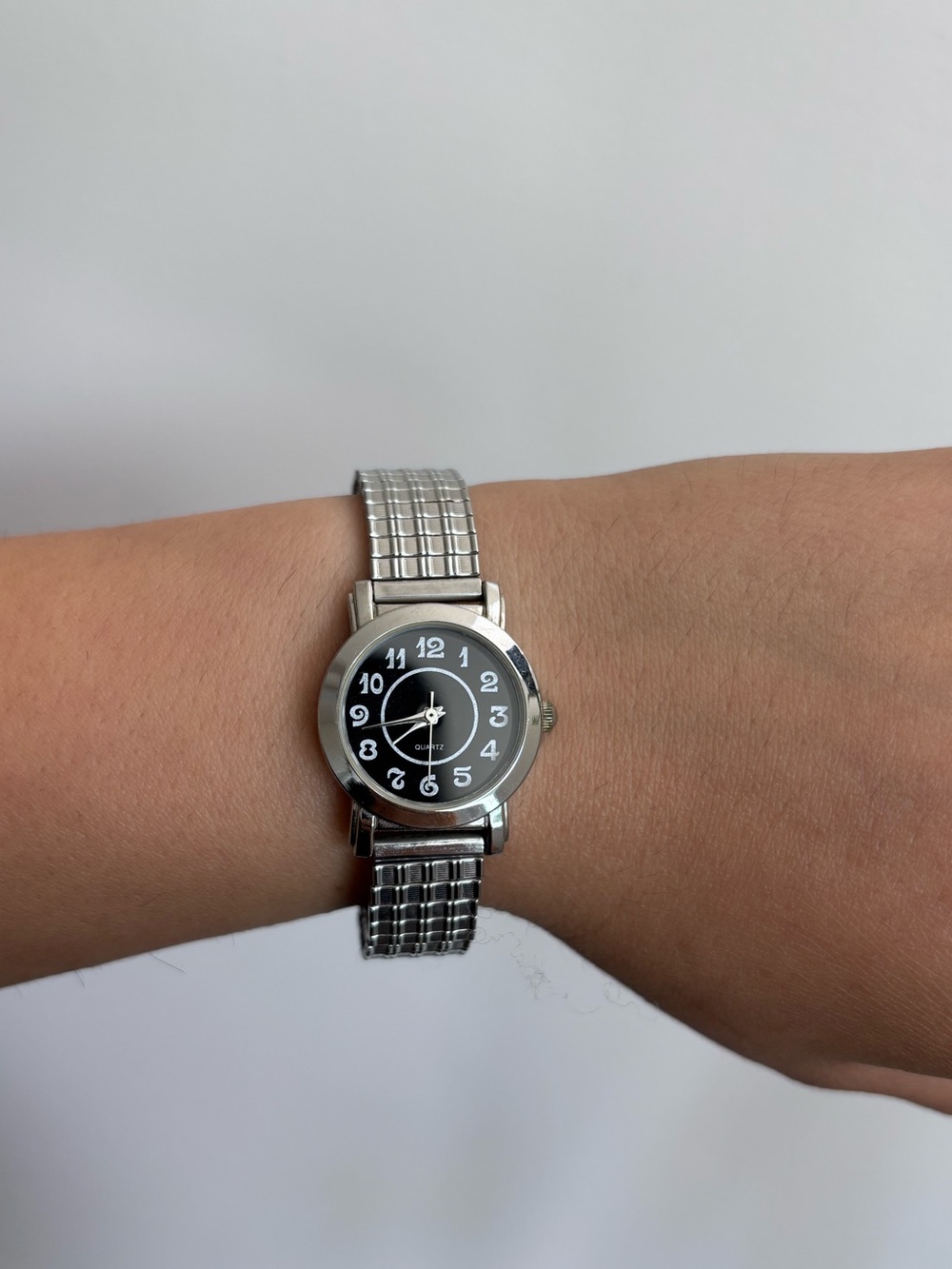 Chic + Classic Slim Silver Metal Bracelet Watch with Black Dial